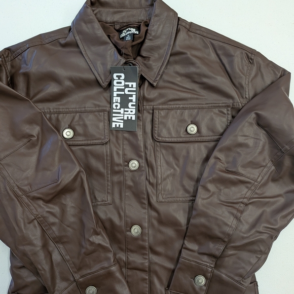 Future Collective Brown Faux Leather Coat Women Medium Button Front Long Jacket - Picture 13 of 13